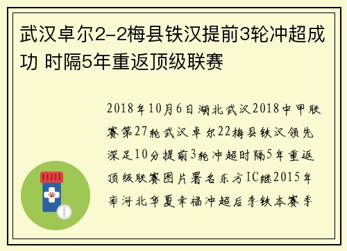 武汉卓尔2-2梅县铁汉提前3轮冲超成功 时隔5年重返顶级联赛
