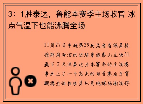 3：1胜泰达，鲁能本赛季主场收官 冰点气温下也能沸腾全场